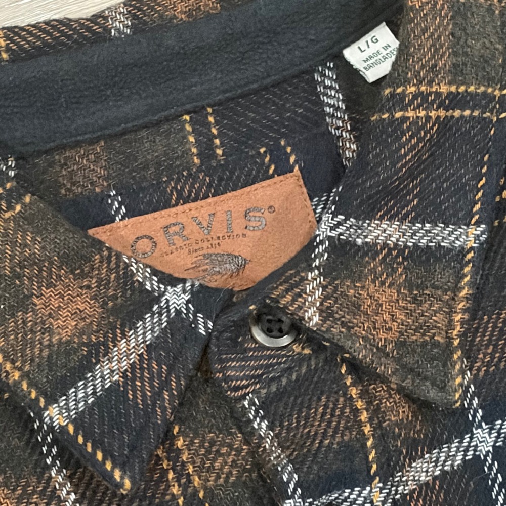 Orvis Mens Brown Plaid Flannel Button Down Shirt Classic Collection Large L/G